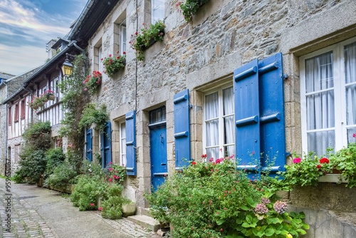 Treguier, old city in Brittany, typical street and houses
 photo