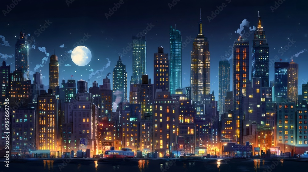 Obraz premium A vibrant night cityscape with a full moon and glowing buildings.