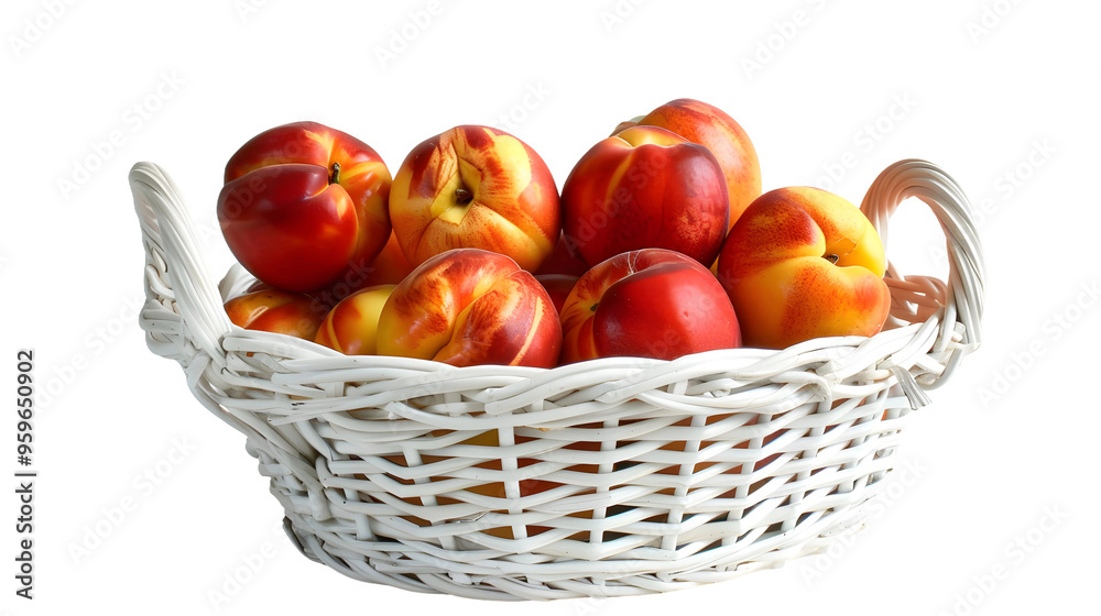 Fresh Nectarines in a White Wicker Basket - Summer Fruit Harvest Concept, transparent background Fresh Nectarines in a White Wicker Basket - Summer Fruit Harvest Concept, transparent background