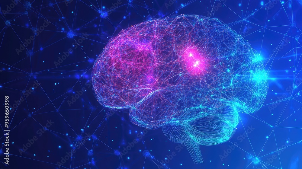 Abstract Brain Network Illustration with Glowing Lines and Points on Blue Background Abstract Brain Network Illustration with Glowing Lines and Points on Blue Background