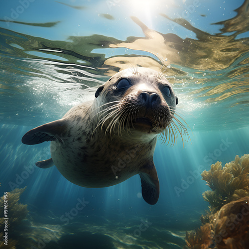 a seal swimming underwater in water, AI Generated