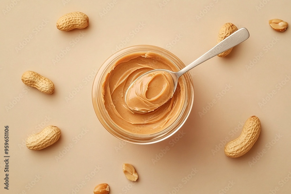 Jar and spoon of peanut butter on beige background. Top view. Generative Ai Jar and spoon of peanut butter on beige background. Top view. Generative Ai