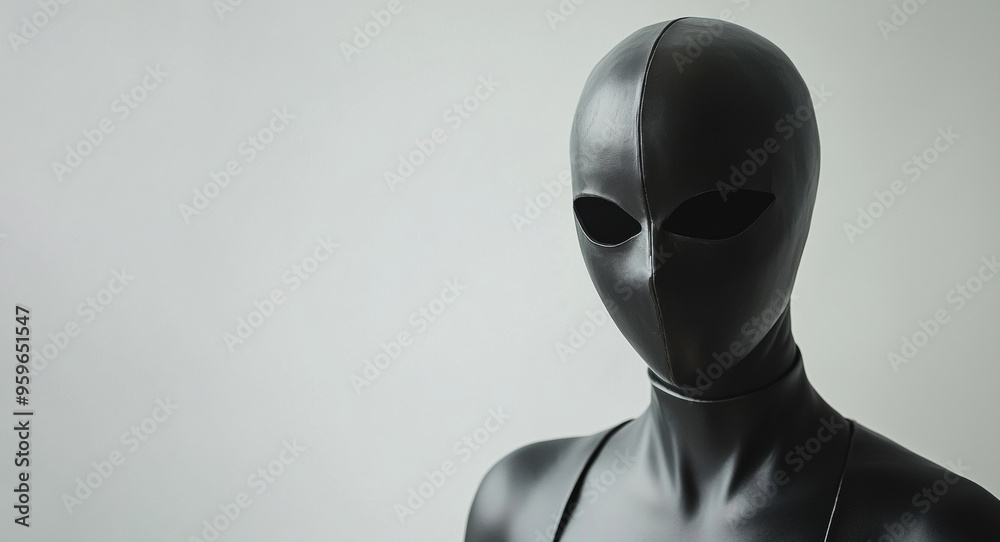 A mysterious figure in a black mask against a neutral background, evoking intrigue and anonymity. This image is perfect for mystery, anonymity, and abstract concepts.
