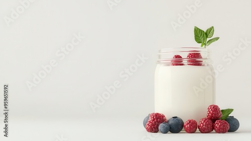 A fresh jar of yogurt topped with raspberries and blueberries, surrounded by berries on a clean, minimalist background.