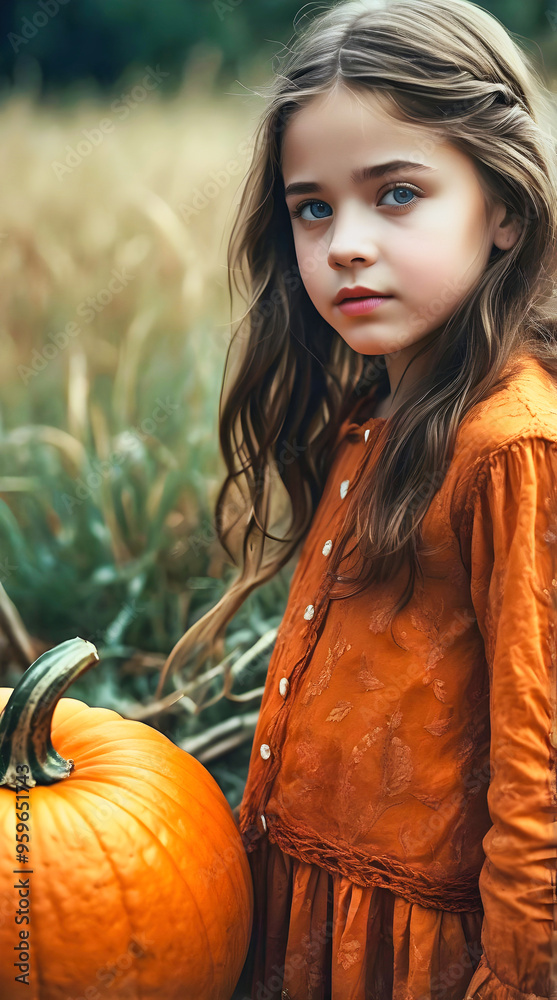 Halloween portrait of beautiful young girl with blue eyes holding pumpkin, nature background, fashion, festive people