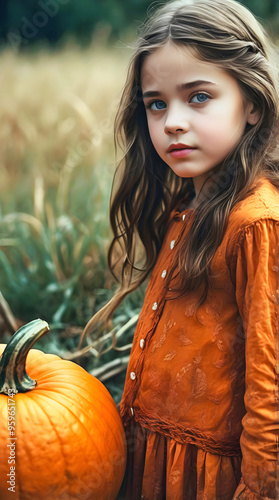 Obraz na płótnie Halloween portrait of beautiful young girl with blue eyes holding pumpkin, nature background, fashion, festive people w salonie