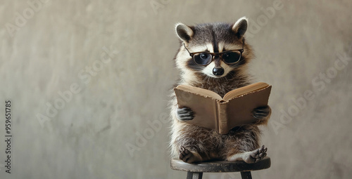 A studious raccoon wearing glasses and reading a book while seated on a stool. This image is perfect for themes of learning, education, and curiosity.