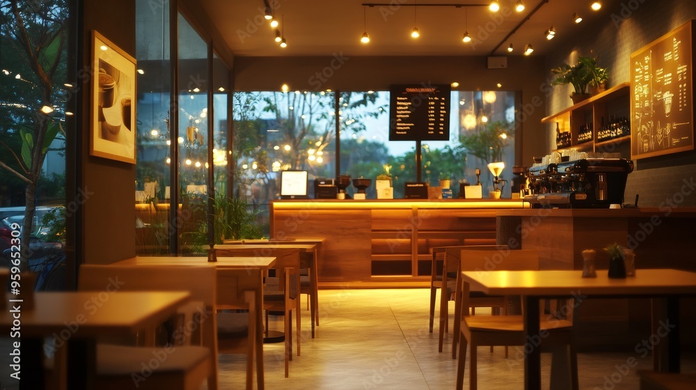 Empty cafe tables and chairs with a coffee machine and a menu on the wall. Empty cafe tables and chairs with a coffee machine and a menu on the wall.