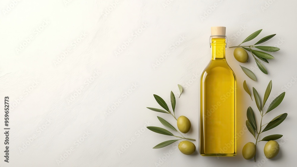 Elegant olive oil bottle surrounded by fresh olives and leaves on a light marble background. Perfect for culinary and health themes. Elegant olive oil bottle surrounded by fresh olives and leaves on a light marble background. Perfect for culinary and health themes.