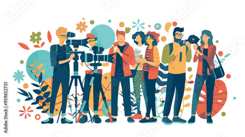 
people are talking on a podcast, sitting at a table, asking each other questions, each talking into a microphone white background