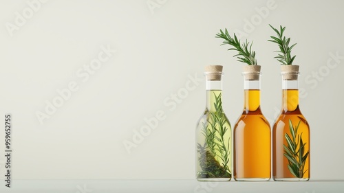 Elegant glass bottles filled with aromatic oils and fresh herbs, perfect for cooking, garnishing, or enhancing any dish.