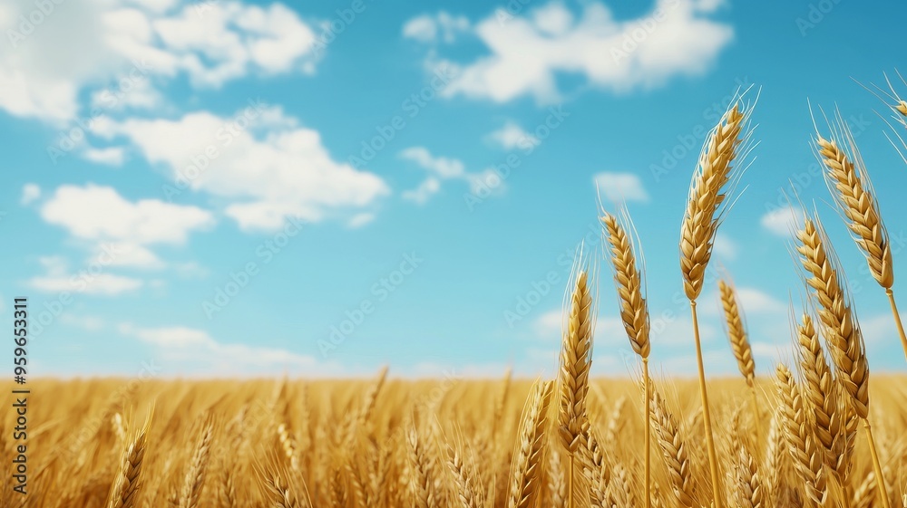 Golden wheat field under a bright blue sky with fluffy clouds, representing abundance and the beauty of nature. Golden wheat field under a bright blue sky with fluffy clouds, representing abundance and the beauty of nature.