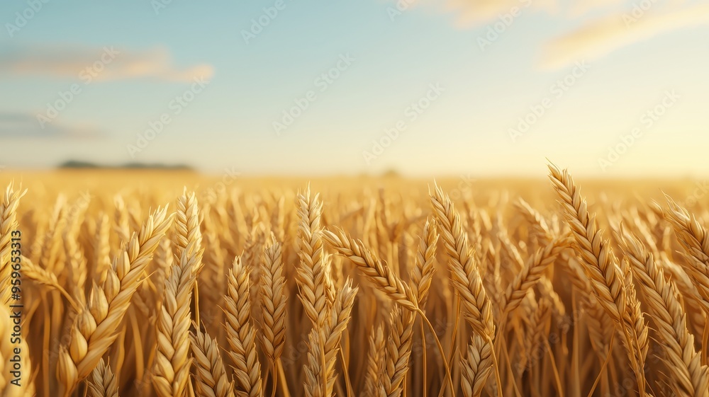Fototapeta premium Golden wheat field under a bright sky, symbolizing abundance and nature's beauty. Perfect for agricultural themes and landscapes.