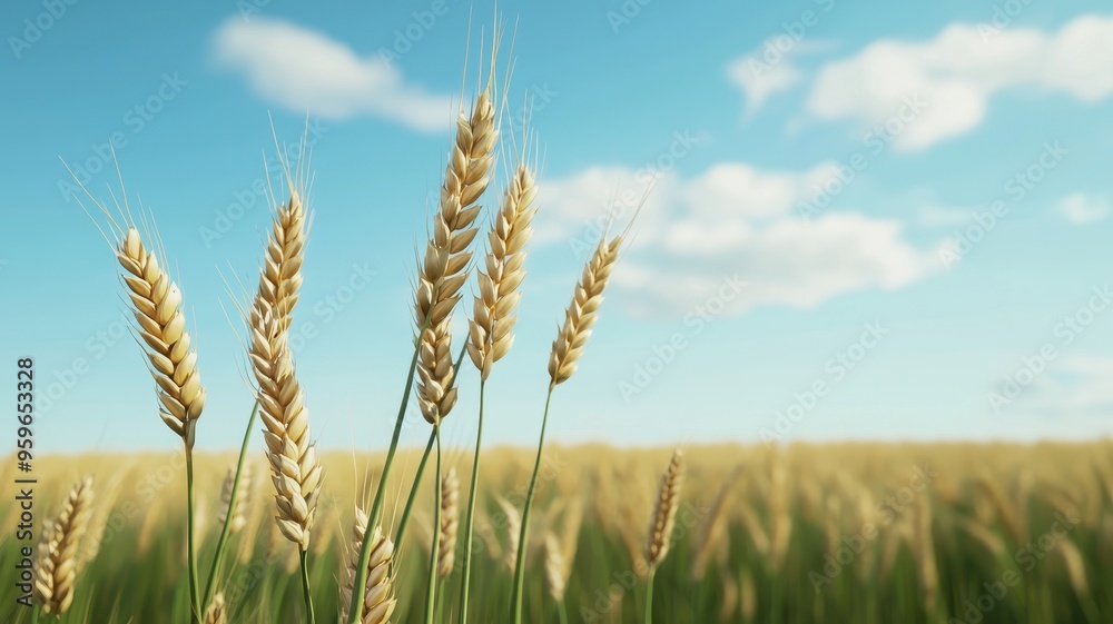 Golden wheat sways gently under a clear blue sky, creating a serene and picturesque agricultural landscape. Golden wheat sways gently under a clear blue sky, creating a serene and picturesque agricultural landscape.