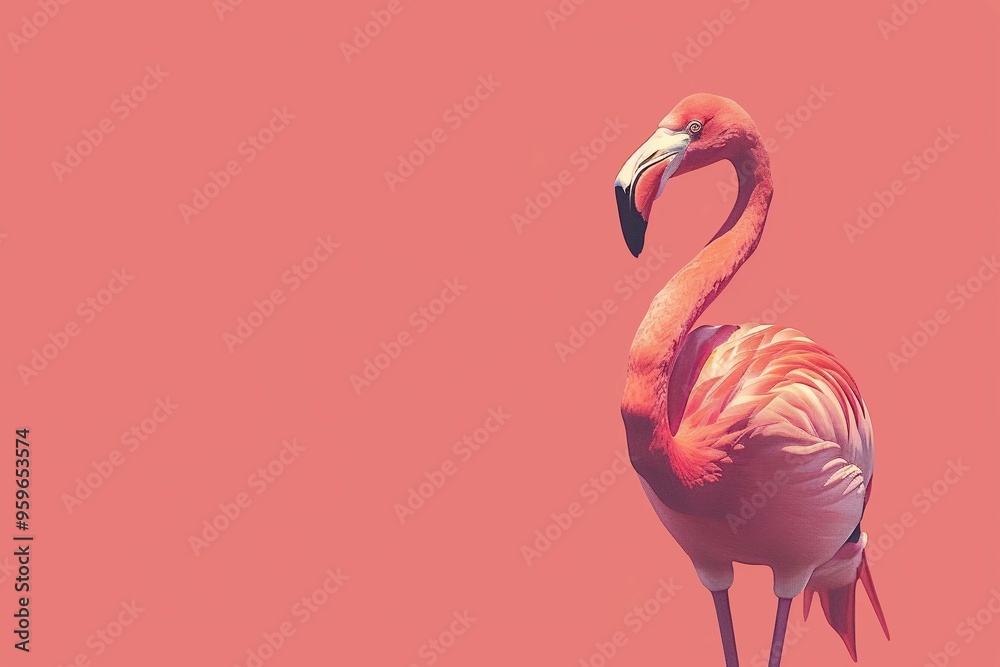 Fototapeta premium Pink flamingo is posing on a solid color background, free space