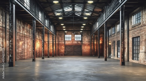Empty Industrial Space with Brick Walls and Concrete Floor.