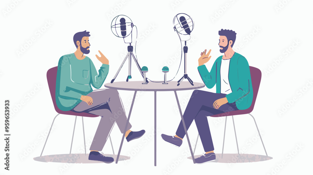people are talking on a podcast, sitting at a table, asking each other questions, each talking into a microphone white background
people are talking on a podcast, sitting at a table, asking each other questions, each talking into a microphone white background