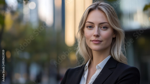 Portrait of a beautiful blonde caucasian european woman in suit outdoors with a blurry business center in backdrop Free Download Portrait of a beautiful blonde caucasian european woman in suit outdoors with a blurry business center in backdrop - GFXLoad
