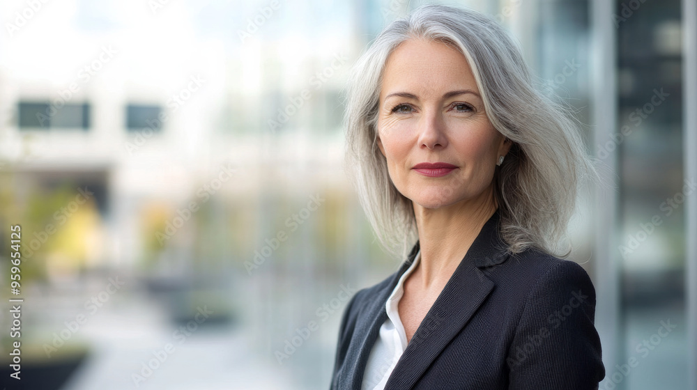 Portrait of a mature middle-aged caucasian european woman in suit outdoors with a blurry business center in backdrop Portrait of a mature middle-aged caucasian european woman in suit outdoors with a blurry business center in backdrop