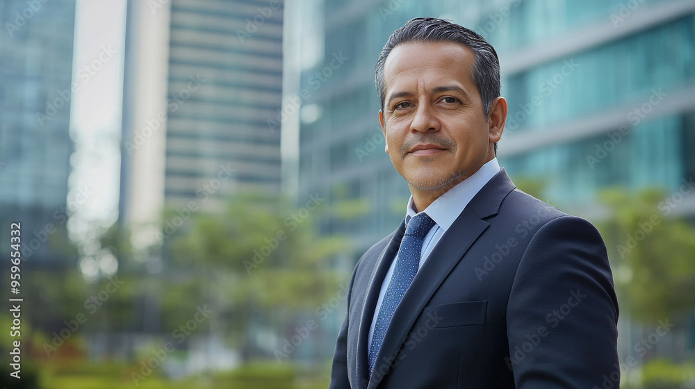 Portrait of a mature middle-aged hispanic latino man in suit outdoors with a blurry business center in backdrop Portrait of a mature middle-aged hispanic latino man in suit outdoors with a blurry business center in backdrop