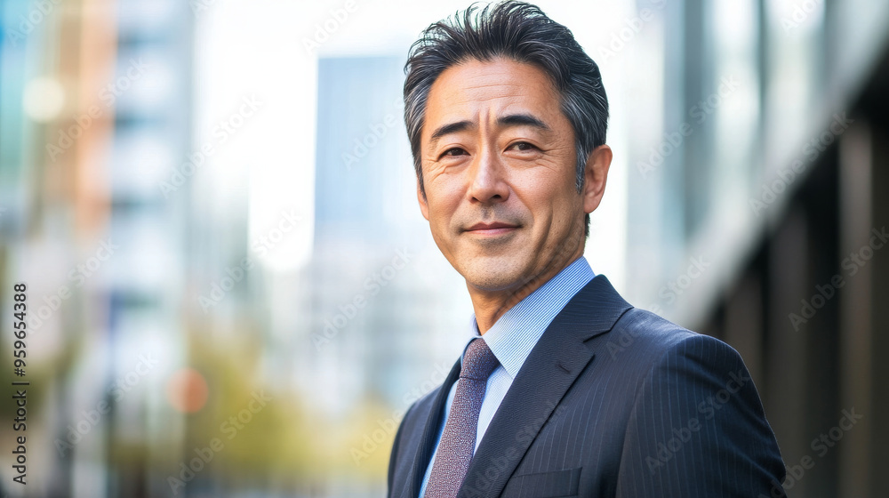 Portrait of a mature middle-aged Asian man in suit outdoors with a blurry business center in backdrop Portrait of a mature middle-aged Asian man in suit outdoors with a blurry business center in backdrop
