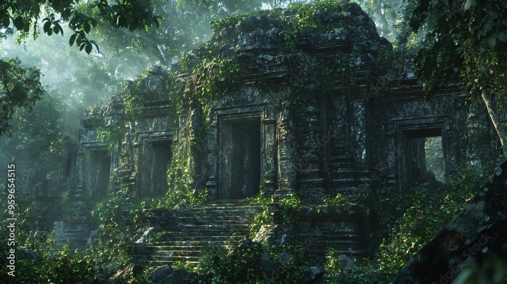 An ancient stone temple overgrown with lush greenery and shrouded in a mystical mist, creating a sense of mystery and forgotten history. An ancient stone temple overgrown with lush greenery and shrouded in a mystical mist, creating a sense of mystery and forgotten history.