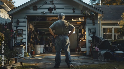 Man Standing in Front of Garage Door with Cluttered Interior