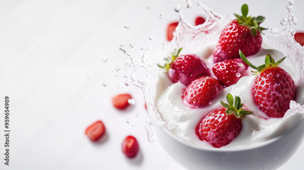 Fresh strawberry splashing into creamy yoghurt isolated on white background. Fresh strawberry splashing into creamy yoghurt isolated on white background.