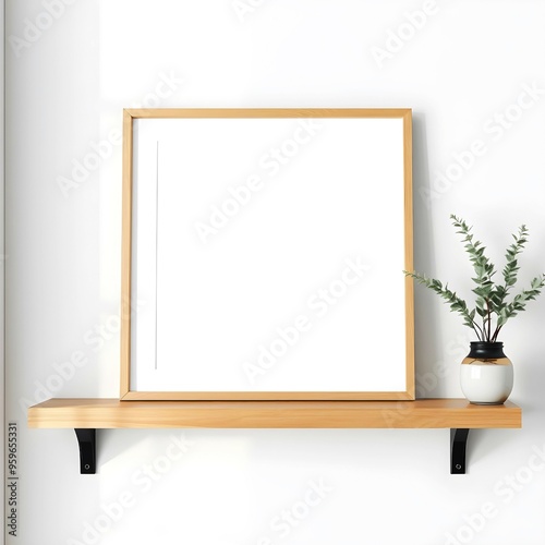 Frame with copy space on living room shelf. Template for artwork, painting, photo or poster	