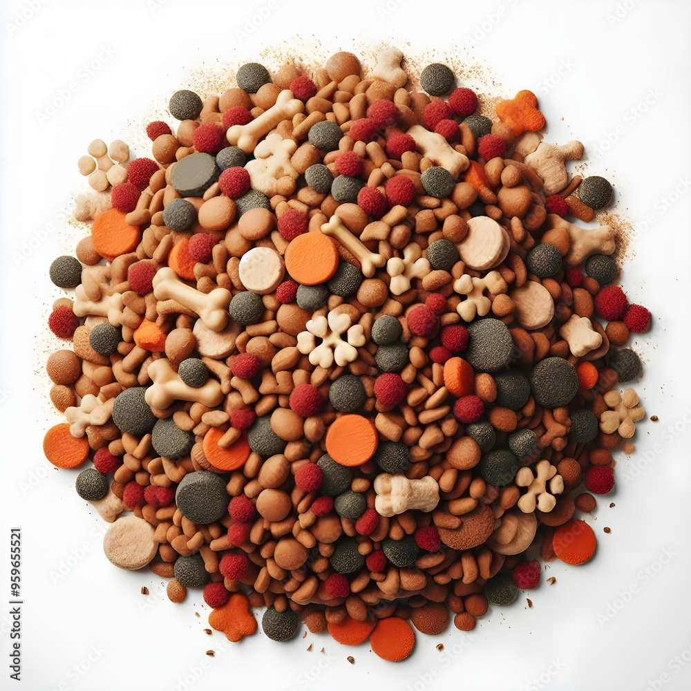 Pile dry dog food isolated on white background, top view, Healthy dog food containing protein, fat and carbohydrates Pile dry dog food isolated on white background, top view, Healthy dog food containing protein, fat and carbohydrates
