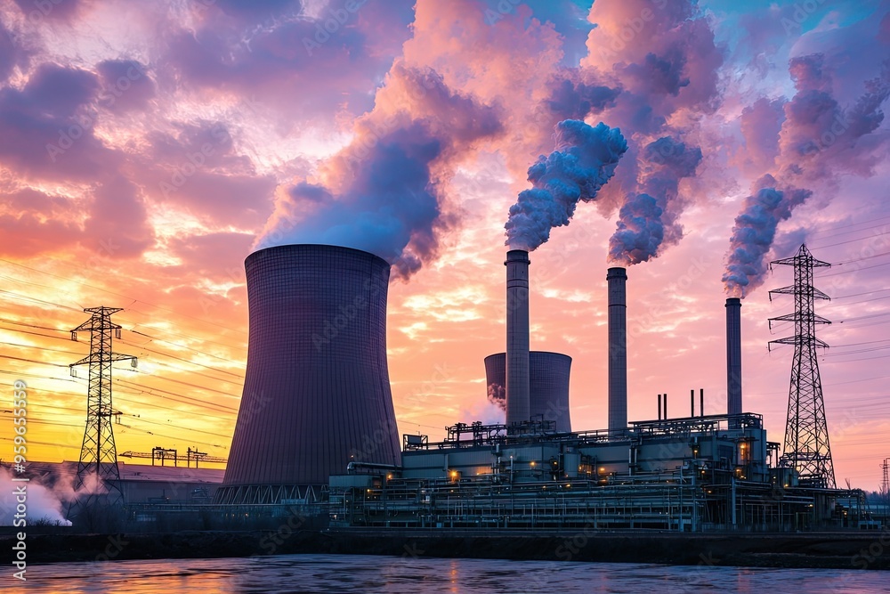 Power plant with smoking chimneys at sunset. Energy generation and heavy industry Power plant with smoking chimneys at sunset. Energy generation and heavy industry