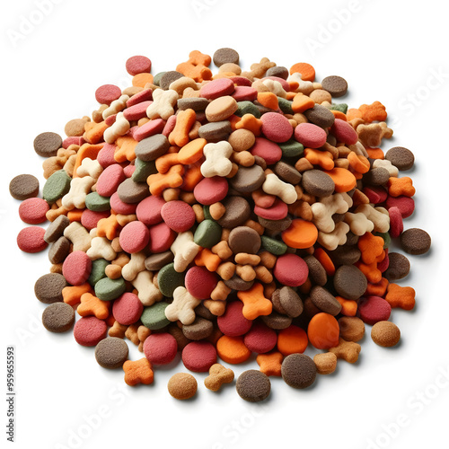 Pile dry dog food isolated on white background, top view, Healthy dog ​​food containing protein, fat and carbohydrates