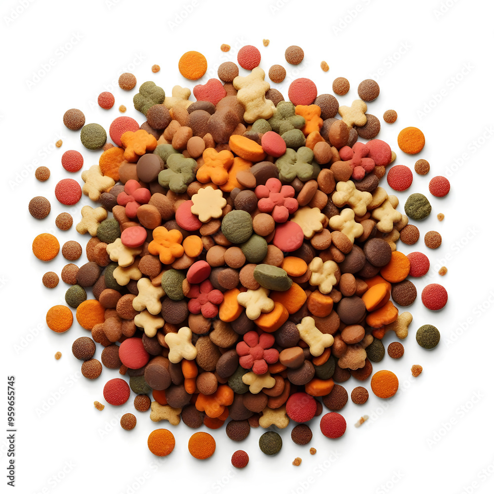 Pile dry dog food isolated on white background, top view, Healthy dog food containing protein, fat and carbohydrates Pile dry dog food isolated on white background, top view, Healthy dog food containing protein, fat and carbohydrates