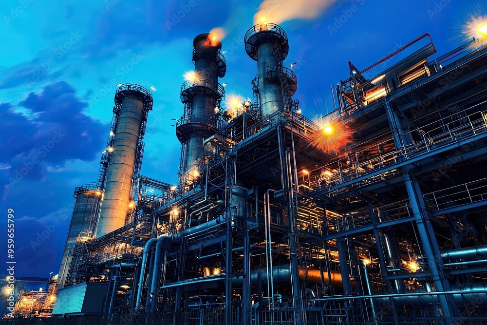 Fototapeta premium Power plant with smoking chimneys at sunset. Energy generation and heavy industry