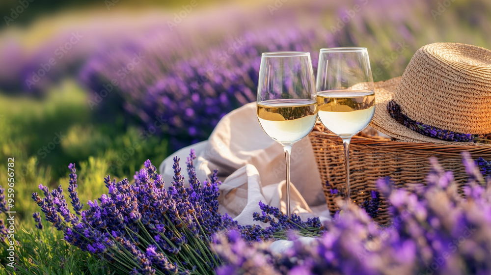 A romantic picnic in a lavender field. Two glasses of white wine, a straw hat, and a basket of lavender flowers create a perfect summer scene in Provence, France. A romantic picnic in a lavender field. Two glasses of white wine, a straw hat, and a basket of lavender flowers create a perfect summer scene in Provence, France.