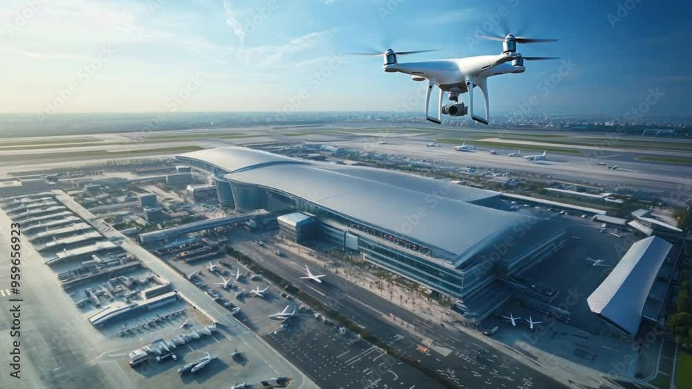 A white drone is flying over a city with a large airport in the background