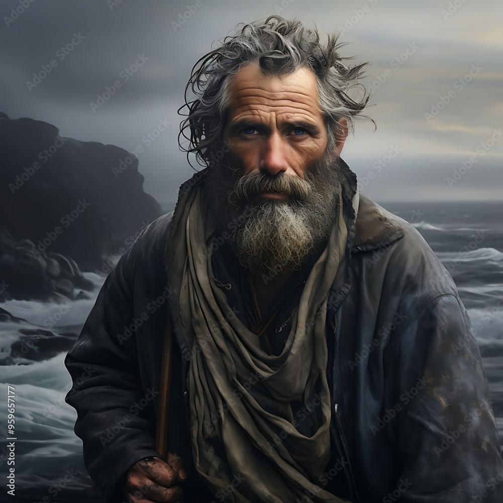 Rugged Man with Gray Beard and Windblown Hair by the Sea Rugged Man with Gray Beard and Windblown Hair by the Sea