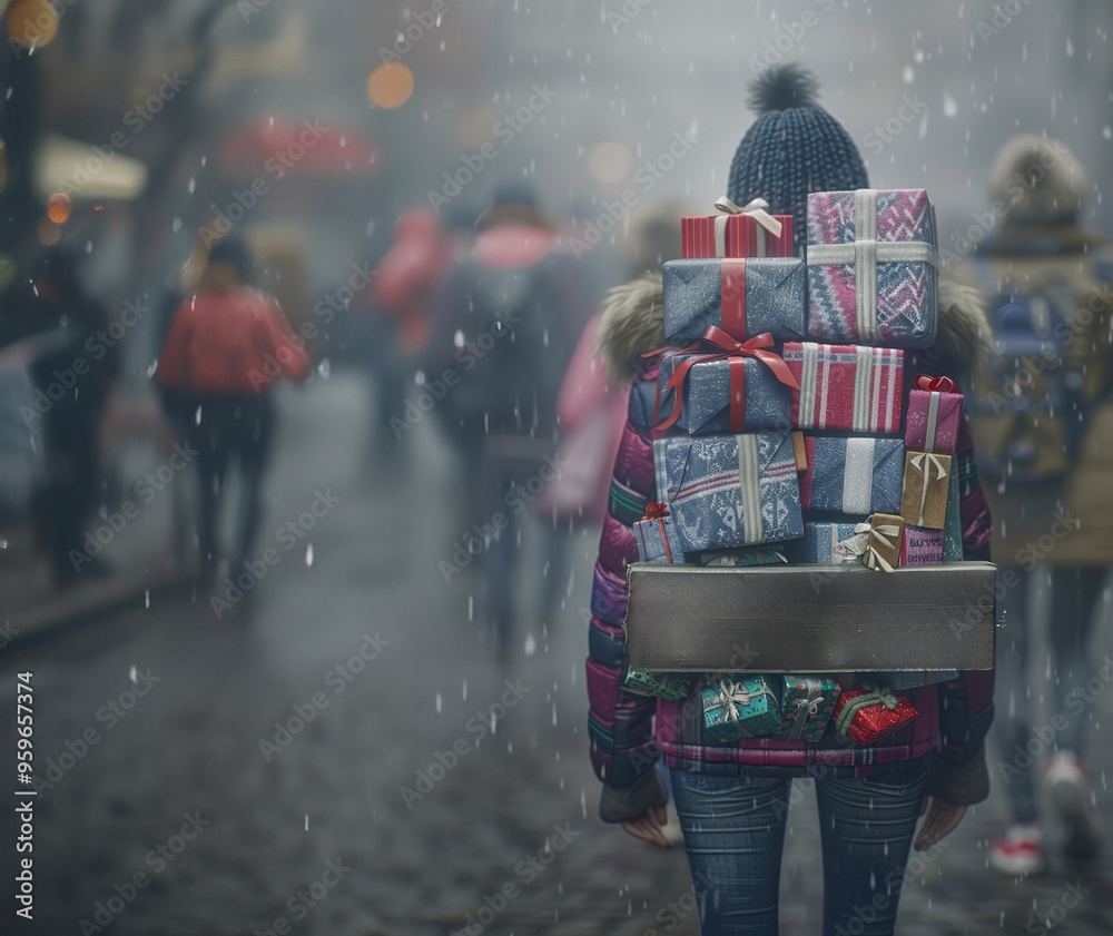 Obraz premium illustration of the back of a gift laden girl, she is well wrapped.