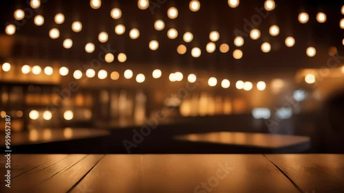 "Warm Ambiance: Wooden Table and Hanging Lights"