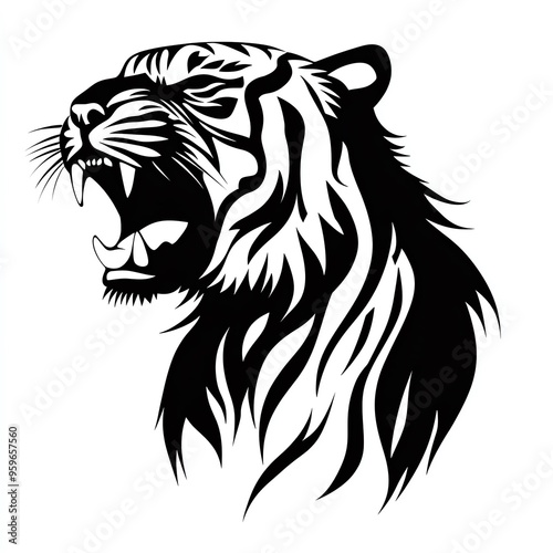 Black and white illustration of a roaring tiger head. photo