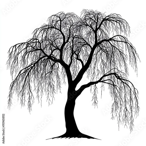 Black and white silhouette of a weeping willow tree.