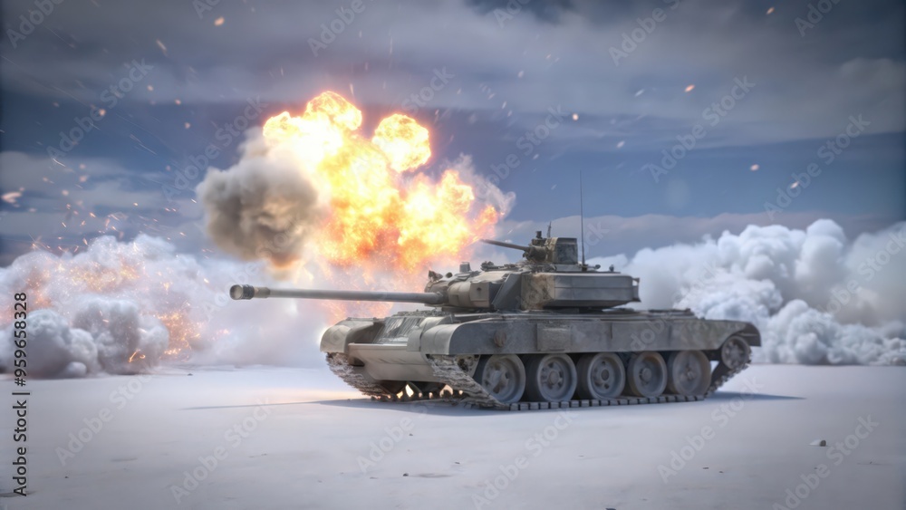 Fototapeta premium A tank firing its main gun in a snowy landscape