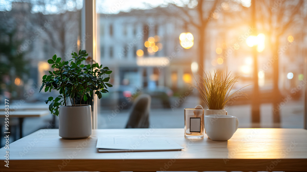 Table next to a bright window with a relaxing for customers to enjoy coffee and food. Table next to a bright window with a relaxing for customers to enjoy coffee and food.