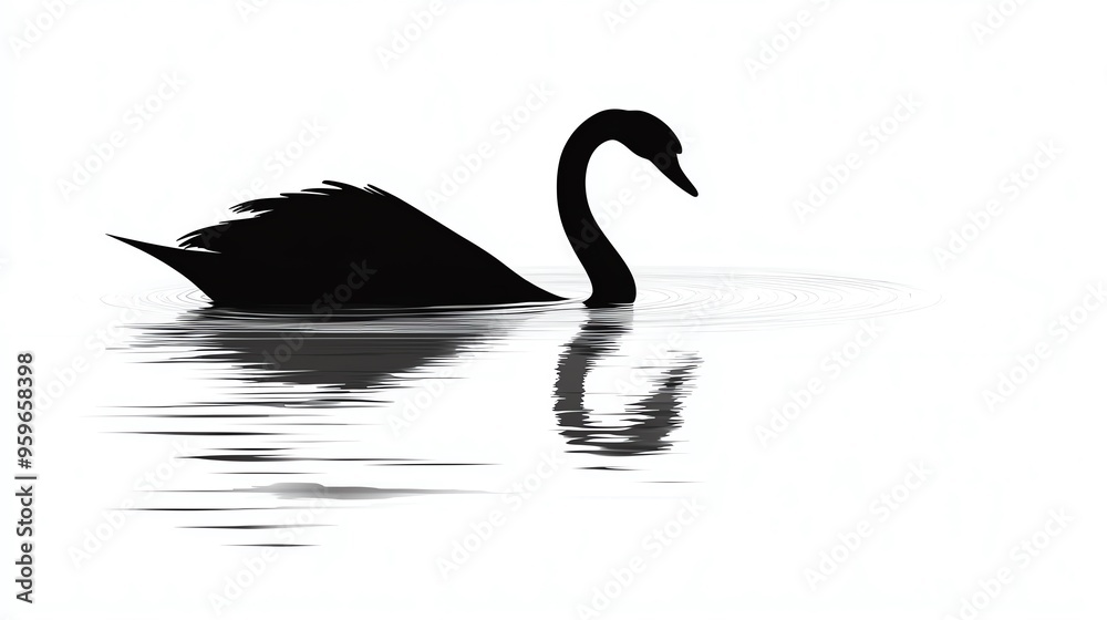 Silhouette of a black swan swimming on water. Silhouette of a black swan swimming on water.