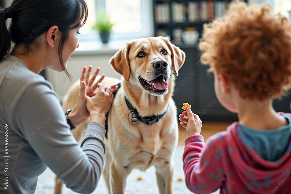 Child feeding and training a service dog with an adult Child feeding and training a service dog with an adult