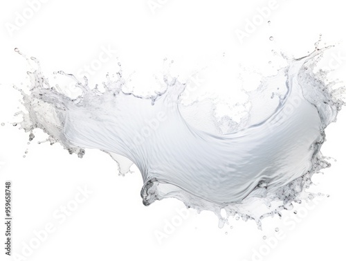 White wave splash with splatters and drops isolated on white background, flat lay