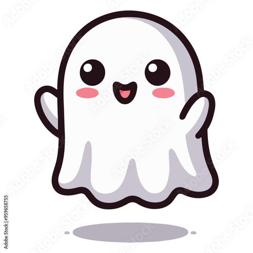 Cute ghost floating for Halloween Trick or Treat. Funny spooky boo character. Spook phantom with happy smiling face expression. kids flat vector illustration.