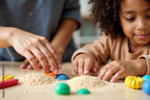 Child playing with sensory table, sand, and colorful toys