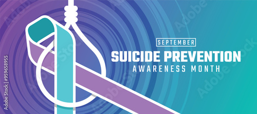 Suicide prevention awareness month - Teal and purple ribbon awareness cross white death suicide rope sign on circle rigns texture background vector design