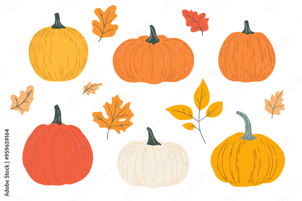 Set of simple autumn pumpkin. Hand drawn pumpkin squash in warm natural fall colors isolated on white. Vector illustration - autumn themes, Halloween Set of simple autumn pumpkin. Hand drawn pumpkin squash in warm natural fall colors isolated on white. Vector illustration - autumn themes, Halloween